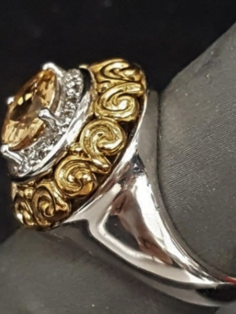 Gold Over 925 Two-Tone Ornate Heavy Filigree Citrine and CZ's  Statement Ring - Picture 2 of 4